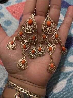 Gold Filigree Chandelier Earrings with Orange Stones